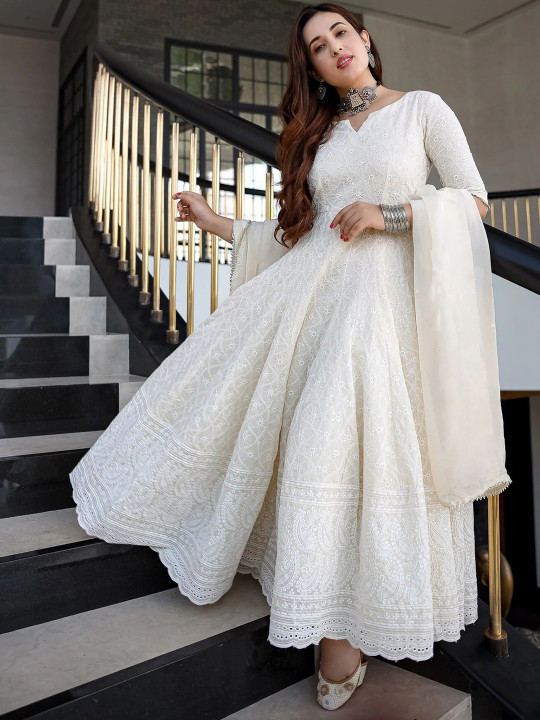 Royal Export Ethnic Motifs Embroidered Cotton Fit & Flare Maxi Ethnic Dress With Dupatta